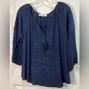 Solitaire navy embroidered boho peasant blouse tassel tie size L